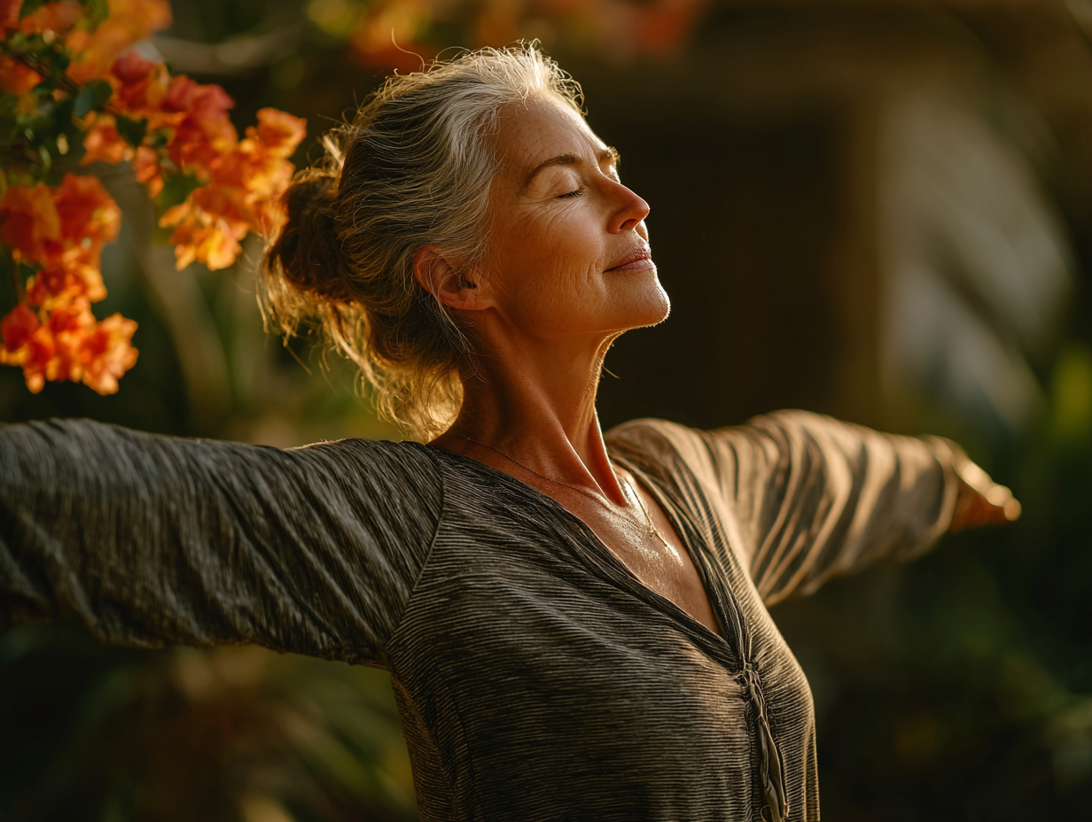 Старша жінка практикує йогу в домашній обстановці