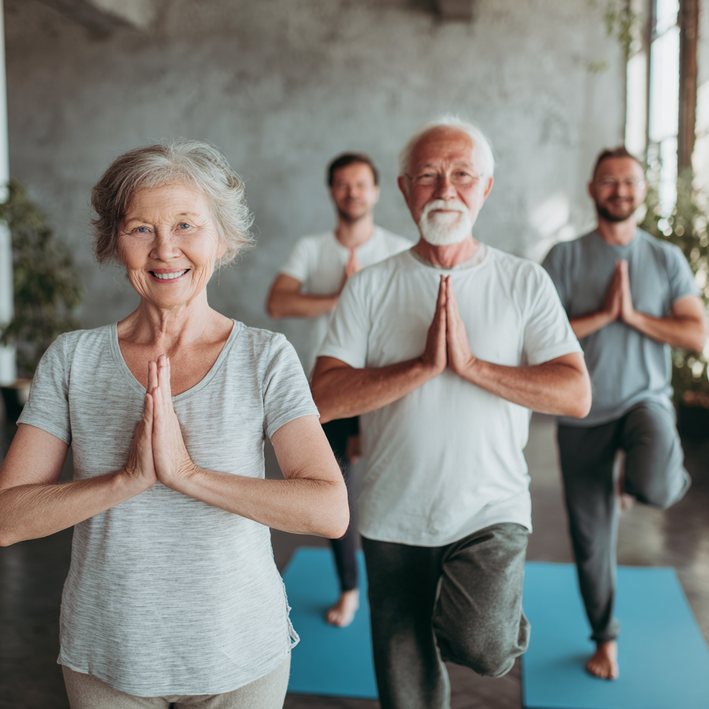 Elderly European woman practicing yoga in peaceful morning light, stretching arms upward with serene expression